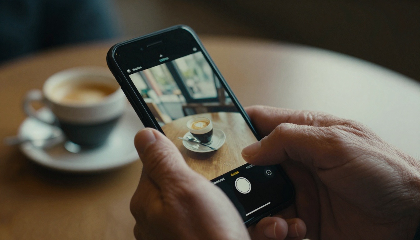 Older man tapping a smartphone touchscreen showing a catalog at a cafe table