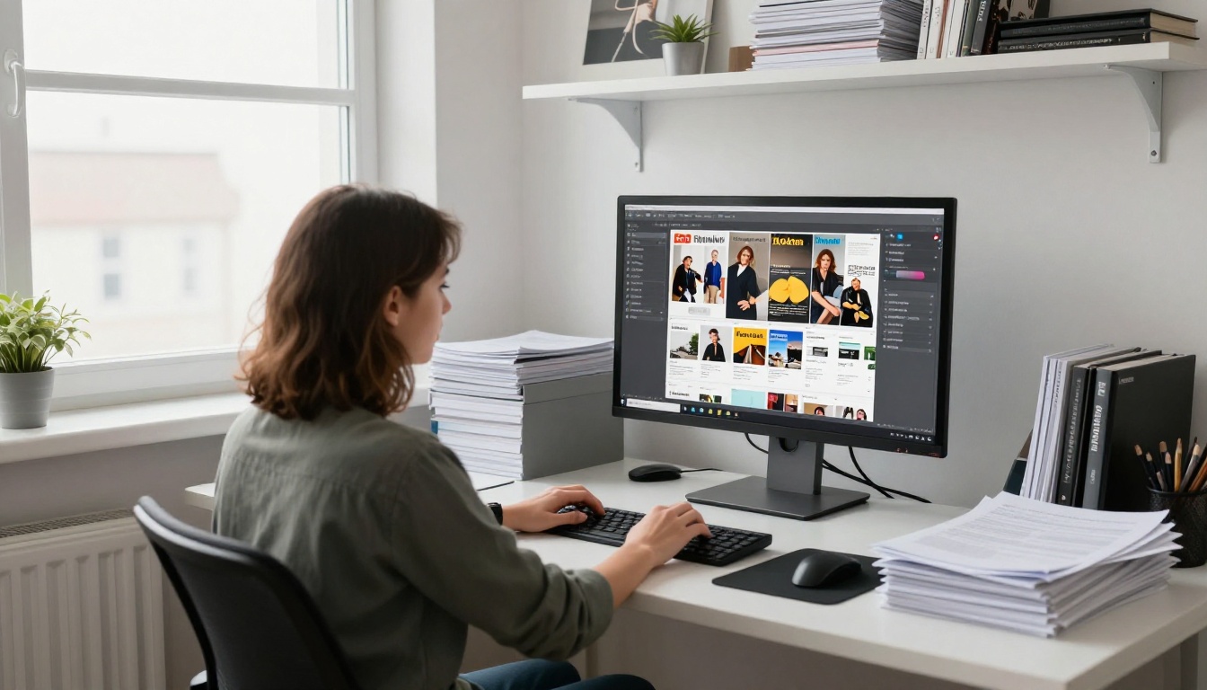 A graphic designer adjusting a magazine spread at a large monitor A graphic designer adjusting a magazine spread at a large monitor