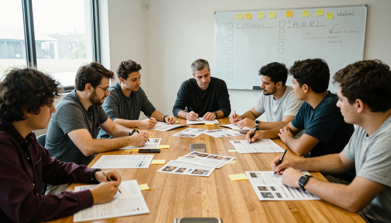 A small team reviewing printed catalog pages with sticky notes around a conference table