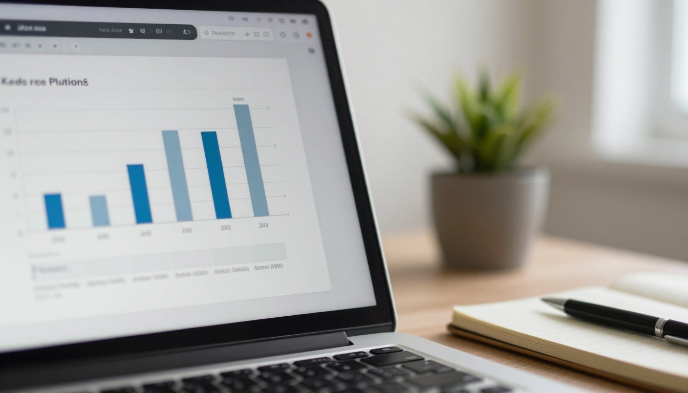 A laptop screen showing a simple analytics chart beside a notebook A laptop screen showing a simple analytics chart beside a notebook