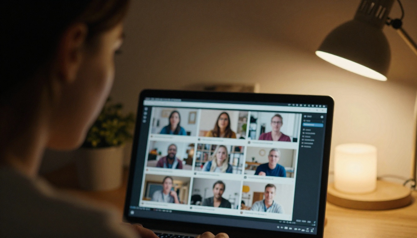 Woman reading a captioned video inside a digital catalog in a dim home office