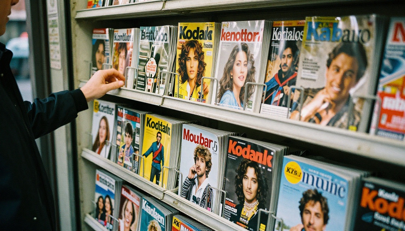 A newsstand shelf with rows of colorful printed magazines A newsstand shelf with rows of colorful printed magazines