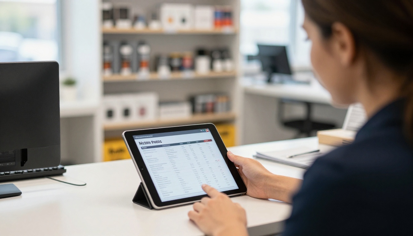 A marketing manager handing a finished tablet catalog to a client at a showroom counter