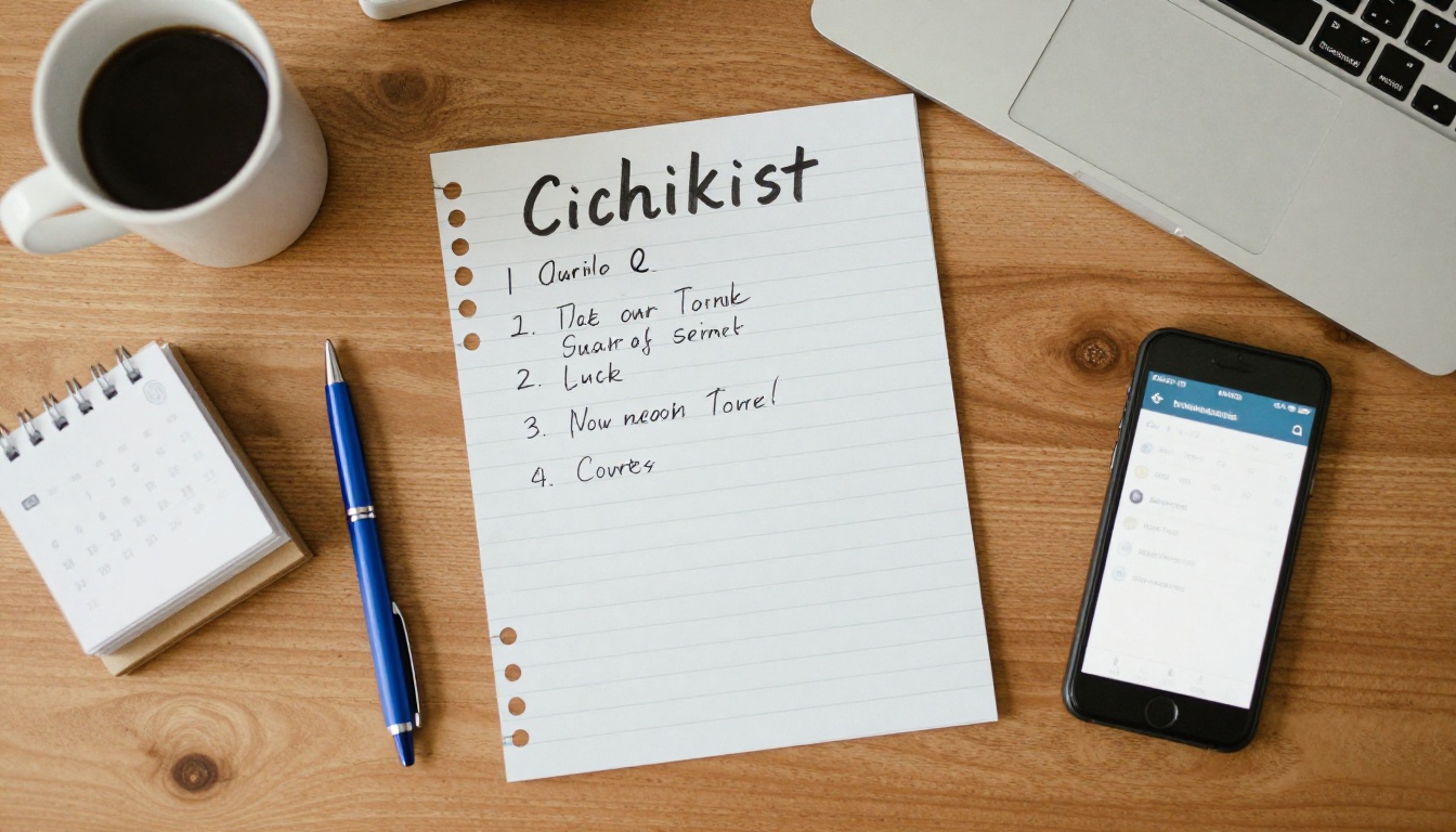 Handwritten checklist on a wooden desk beside a laptop and coffee