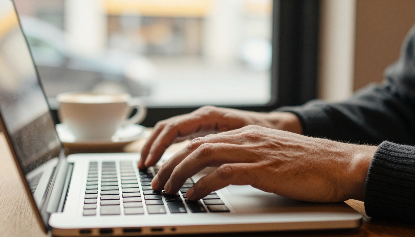 Close-up of hands typing a follow-up email on a laptop in a cafe