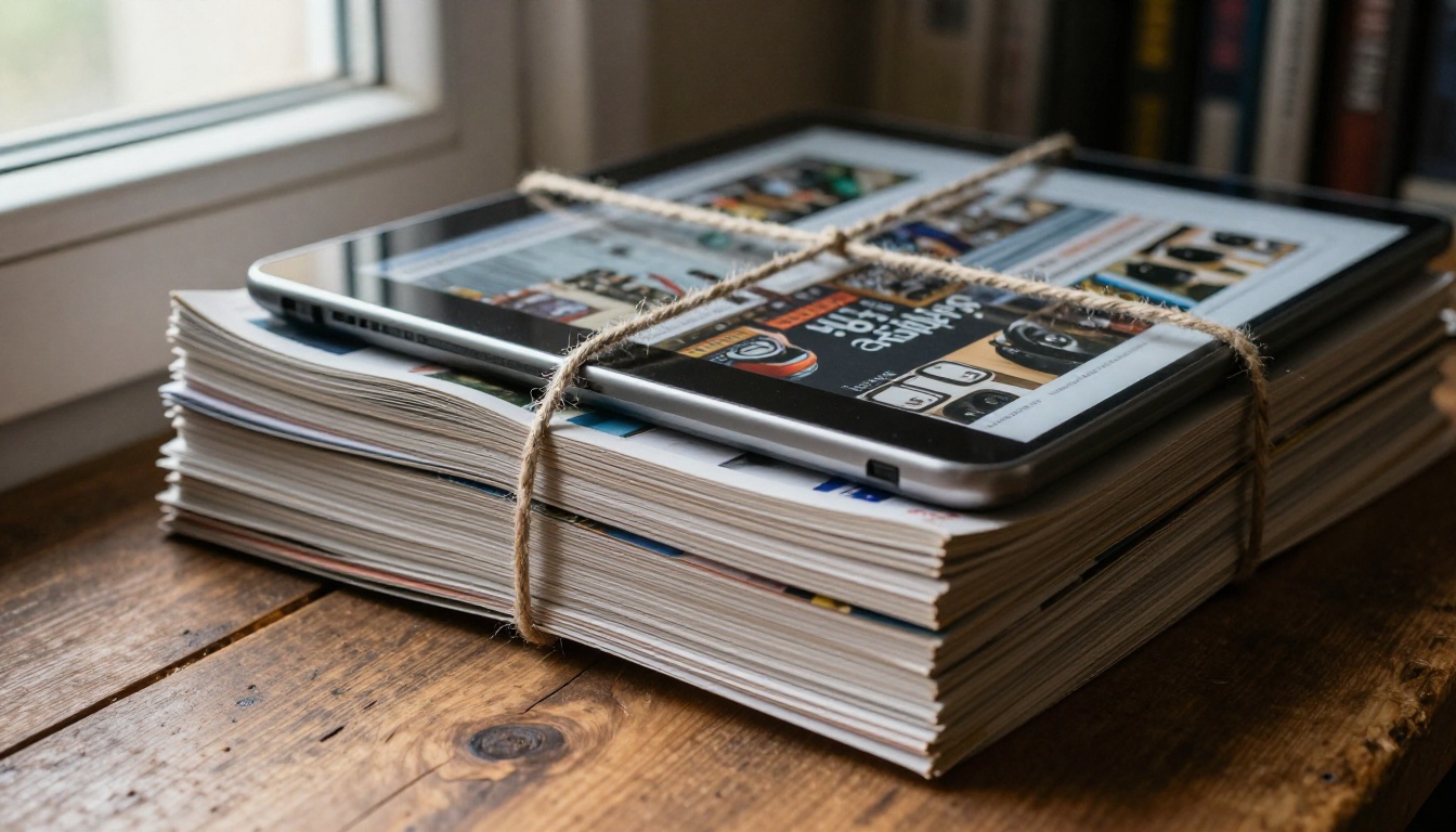 A stack of printed back issues tied with twine beside a tablet A stack of printed back issues tied with twine beside a tablet