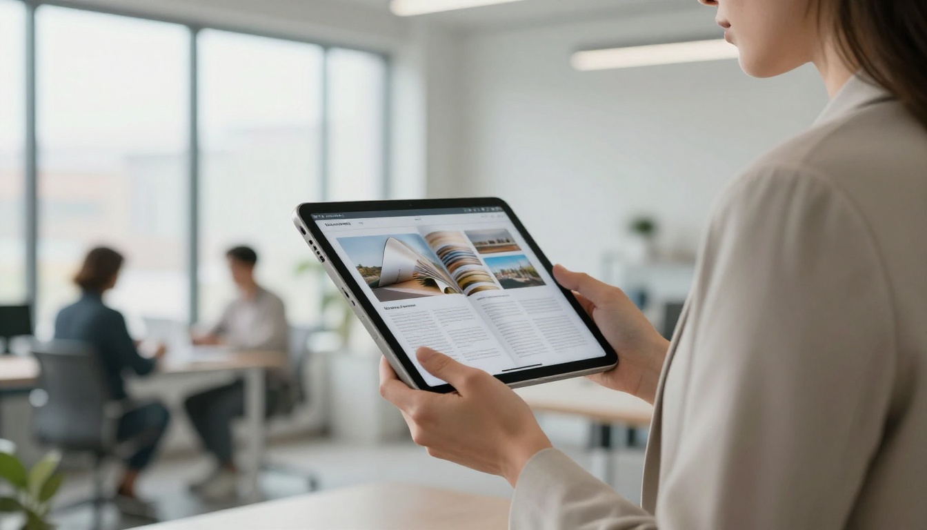 Woman holding a tablet showing a digital publication in a bright office