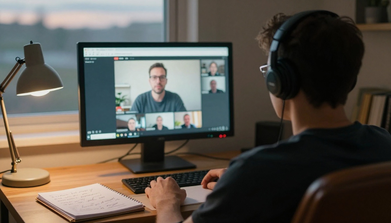 Man watching a recorded webinar replay on a monitor with a notebook beside him