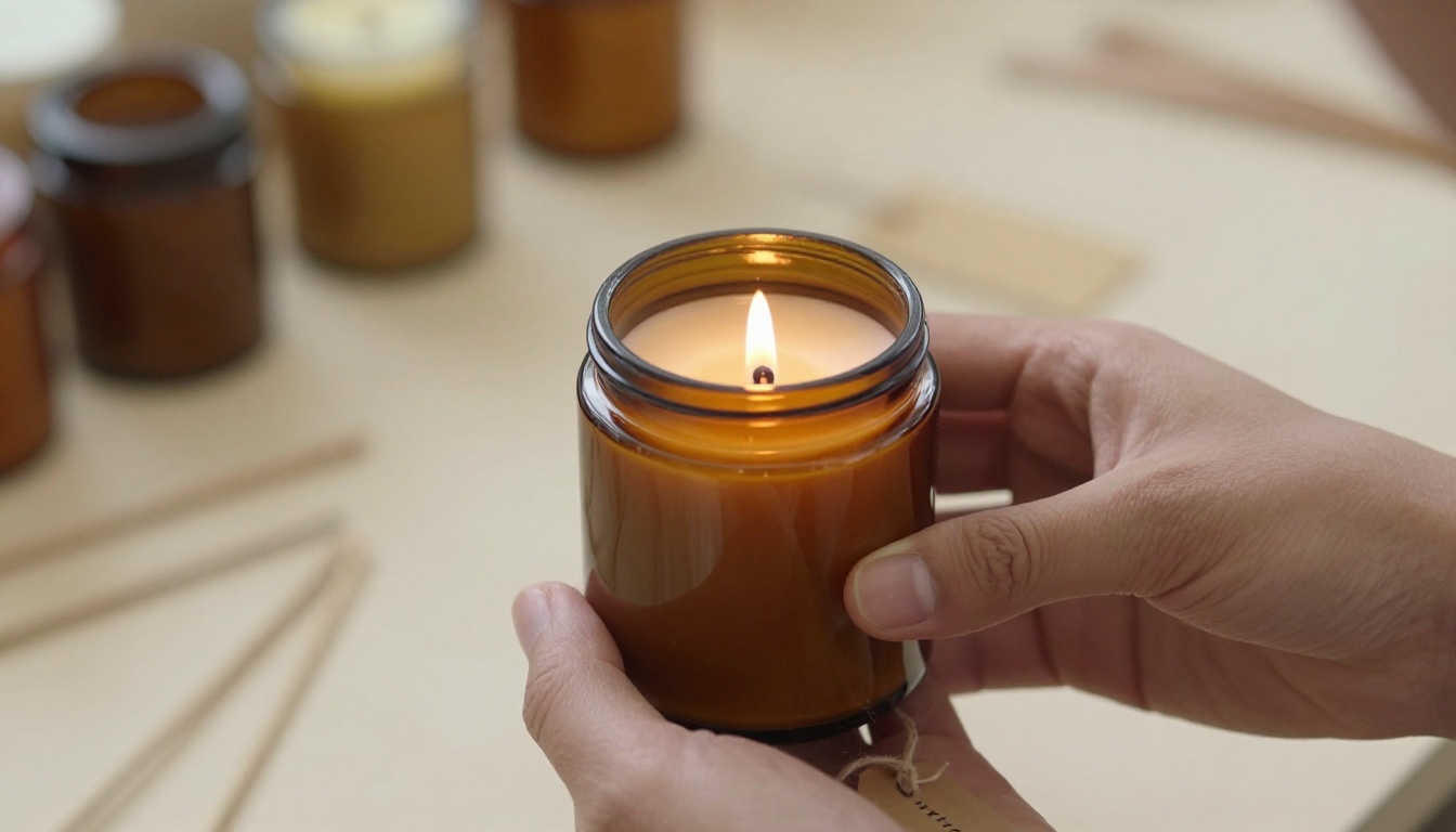 Hands holding a hand-poured soy candle with a small price tag on twine Hands holding a hand-poured soy candle with a small price tag on twine
