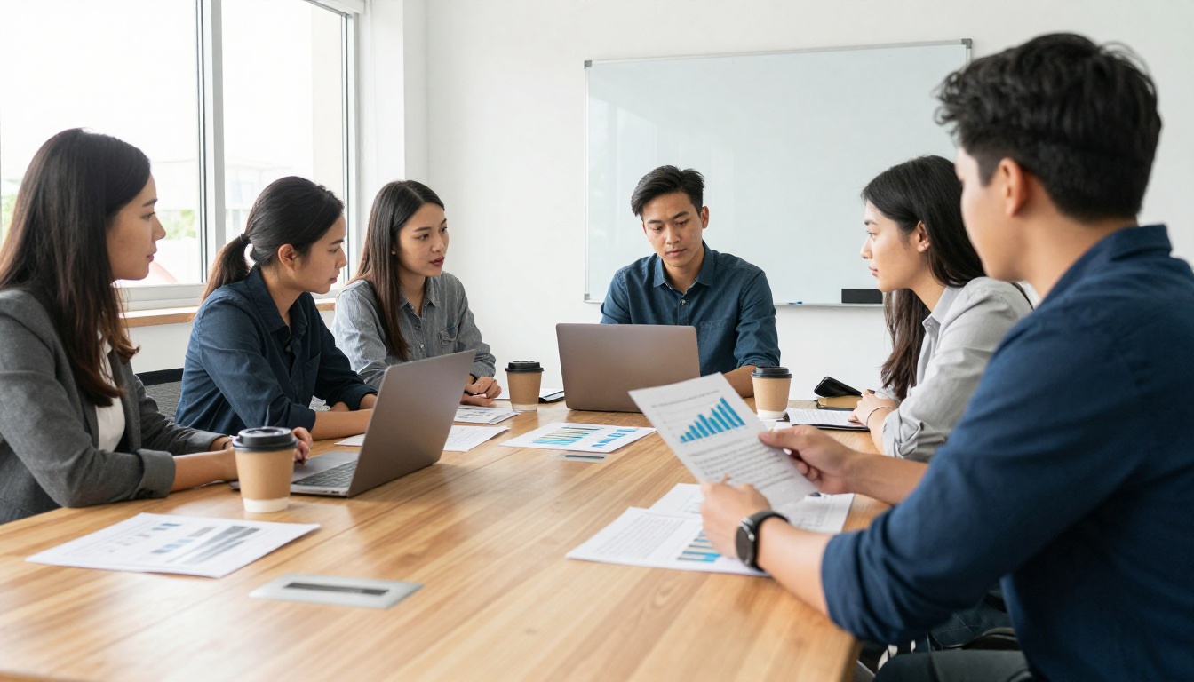 Marketing team reviewing printed charts around a meeting table