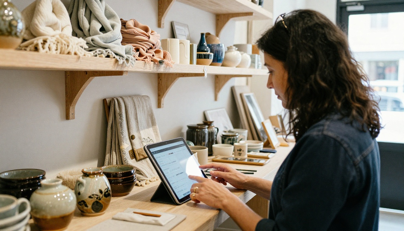 A boutique shop owner browsing a digital catalog on a tablet A boutique shop owner browsing a digital catalog on a tablet