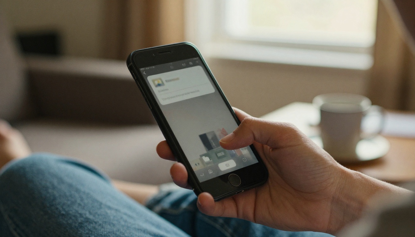 Smartphone in hand showing an email notification in a sunlit living room