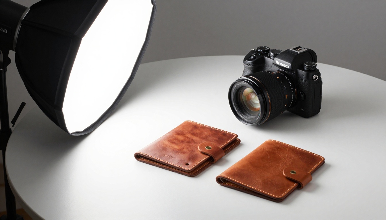 A maker photographing leather wallets on a white seamless tabletop A maker photographing leather wallets on a white seamless tabletop