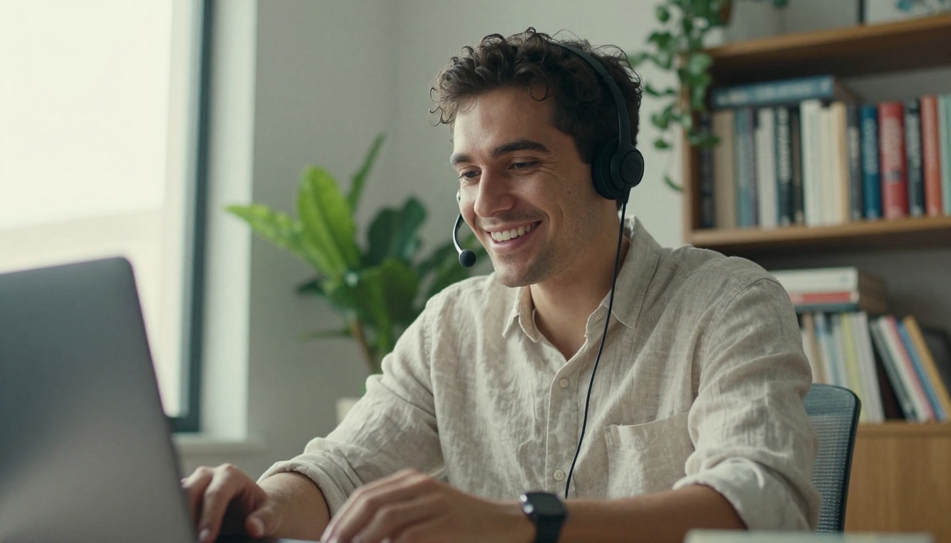 Entrepreneur on a video call at a standing desk in a bright home office