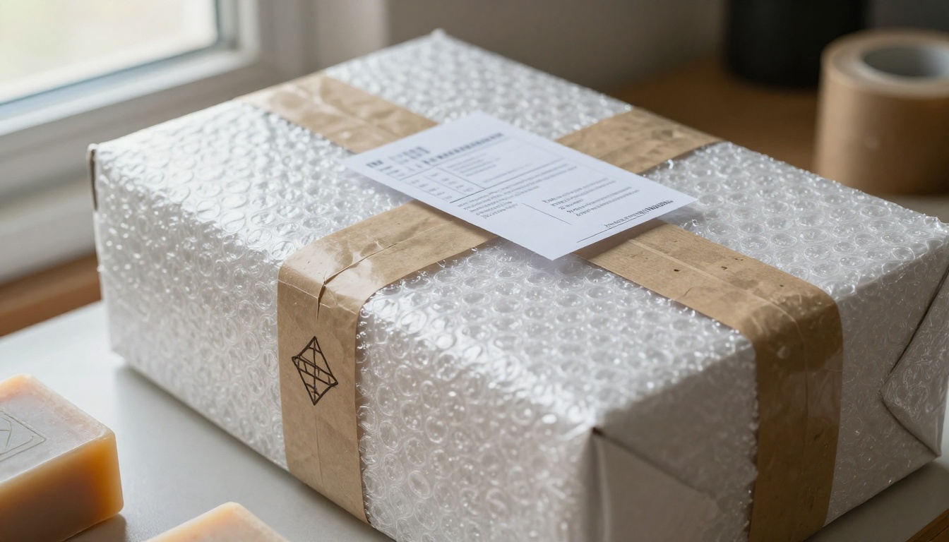 A packed shipping box with paper cushioning, a stamped tag and a packing slip A packed shipping box with paper cushioning, a stamped tag and a packing slip
