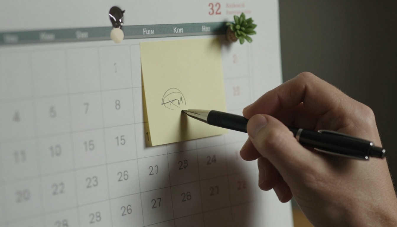 Pen circling a date on a wall calendar next to sticky notes