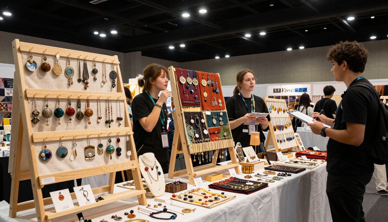 A craft trade show booth with handmade jewelry and a retail buyer A craft trade show booth with handmade jewelry and a retail buyer