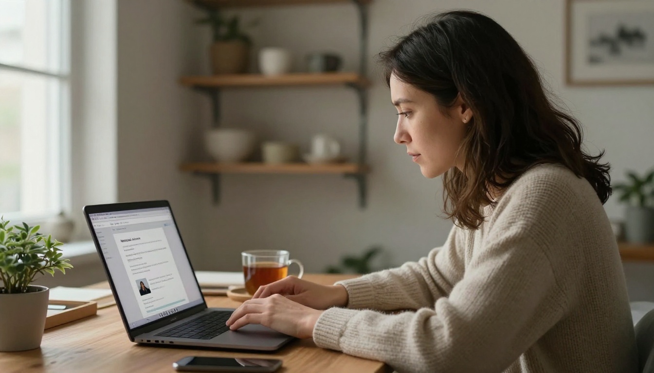 A woman at a laptop sending an email with a catalog link A woman at a laptop sending an email with a catalog link