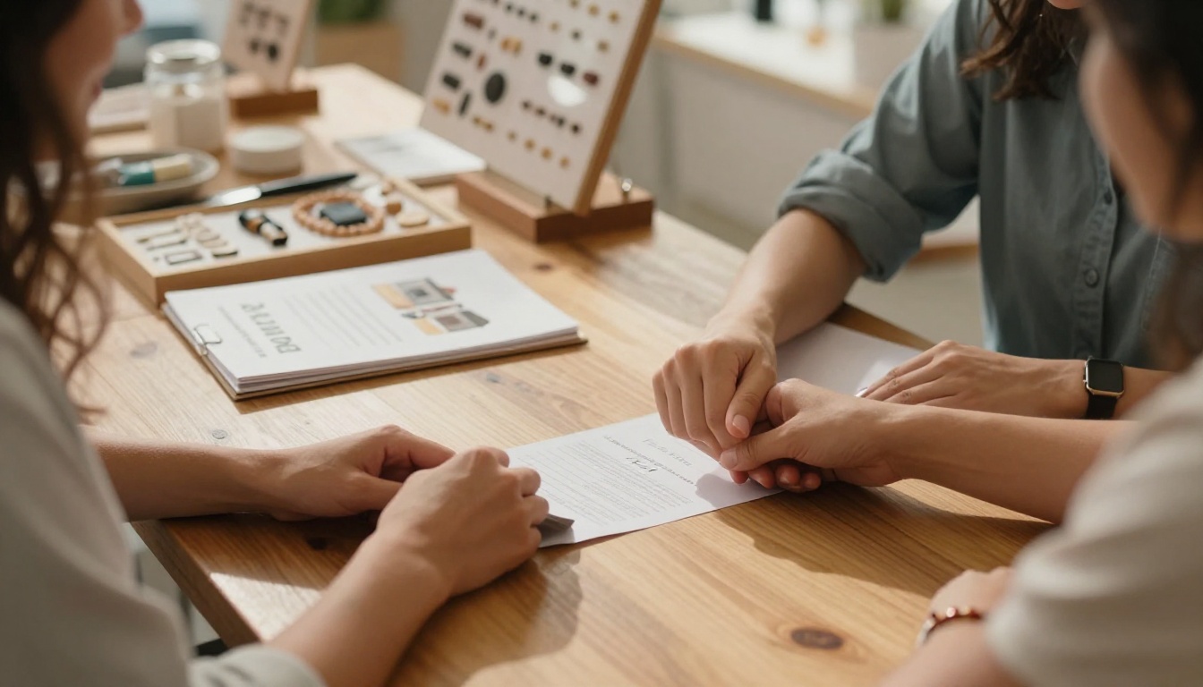 Two women shaking hands over a signed order form in a boutique Two women shaking hands over a signed order form in a boutique