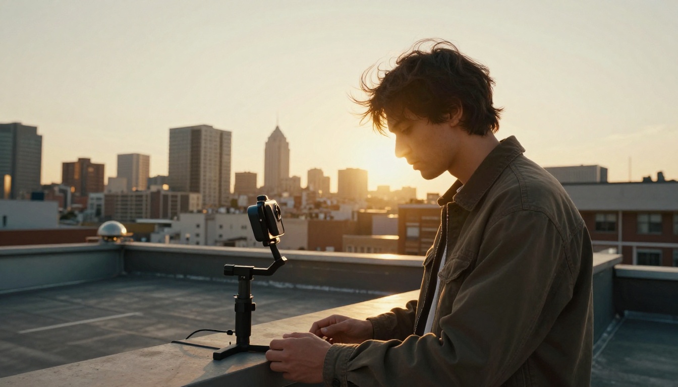 Creator filming a video on a city rooftop at golden hour