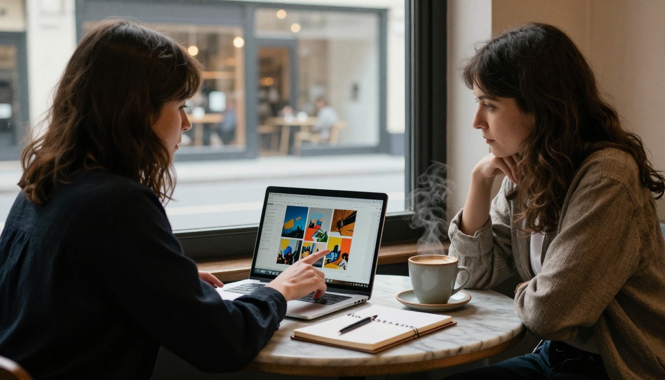 Two women collaborating over a laptop at a cafe table