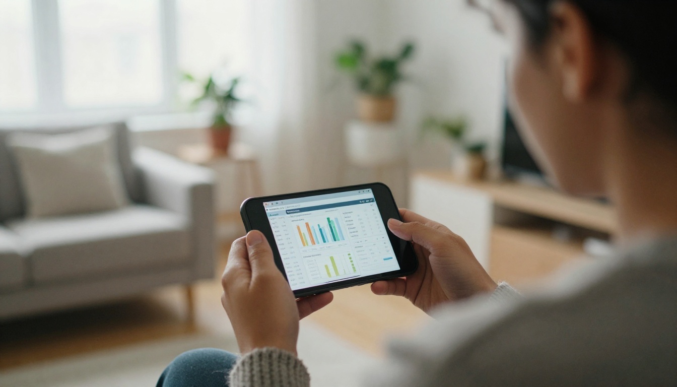 Creator reading analytics on a phone in a bright living room