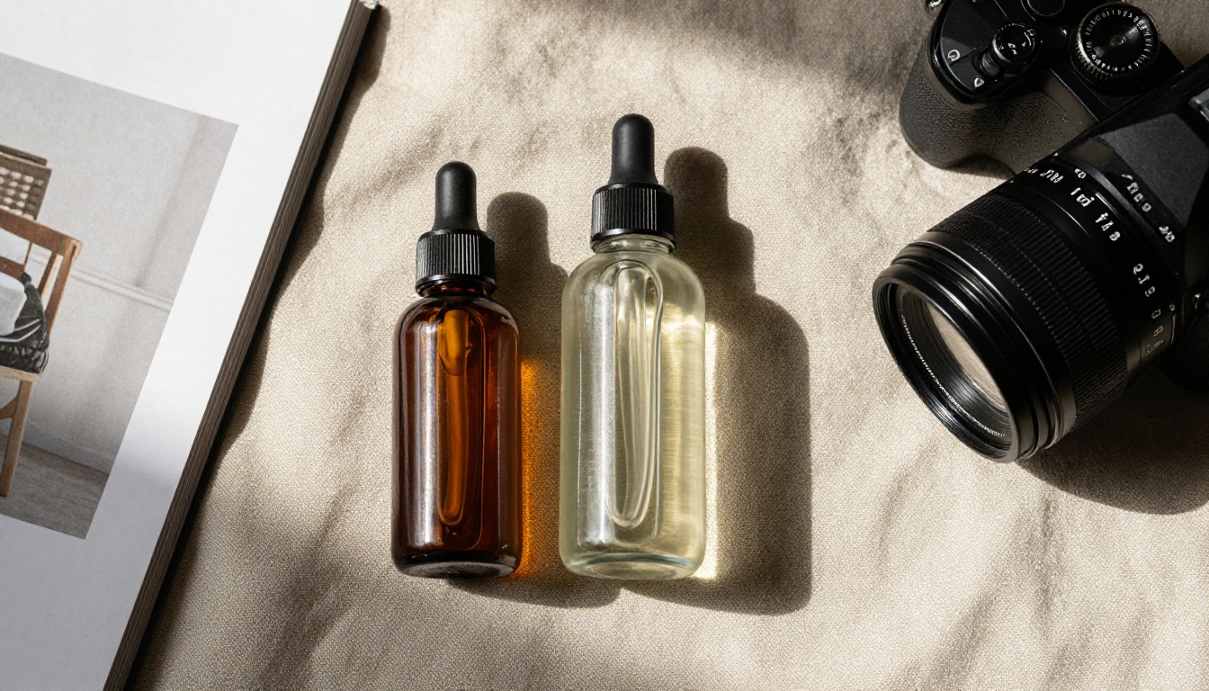 Skincare products and a camera arranged on a linen cloth