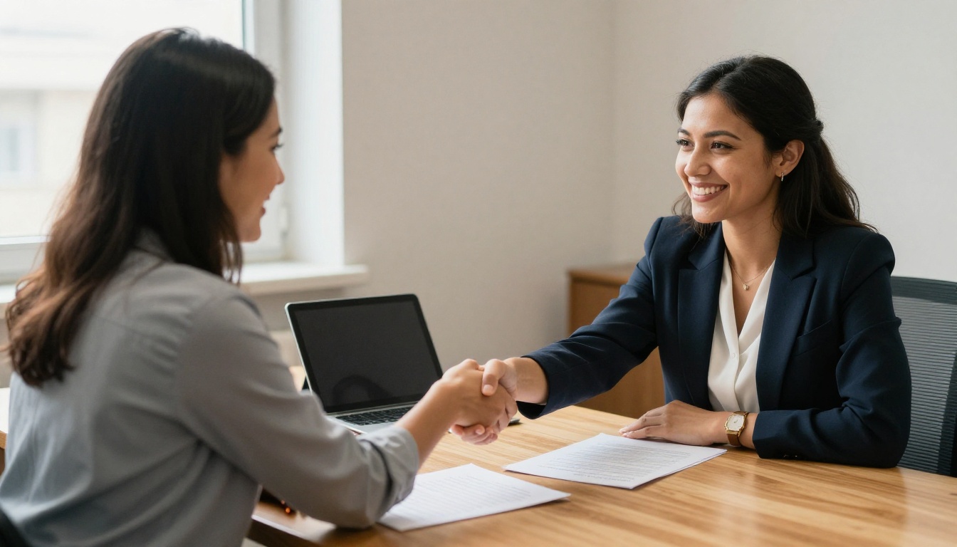 Creator and a brand representative shaking hands after a meeting