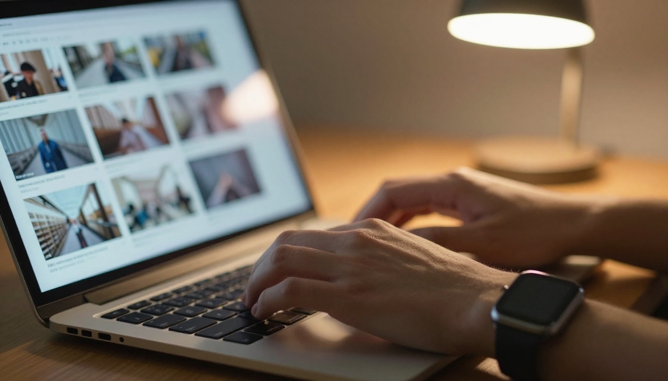 Hands typing on a laptop beside a smartwatch