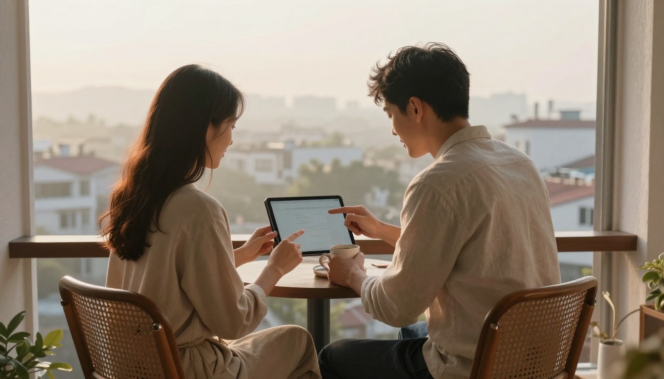 Creator couple reviewing a tablet on a balcony at sunrise