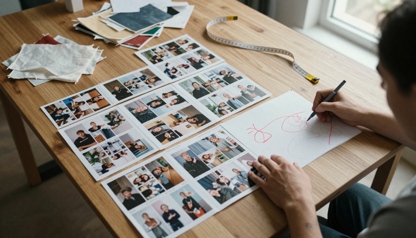 Fashion designer studio the week before a launch with lookbook spreads on a table
