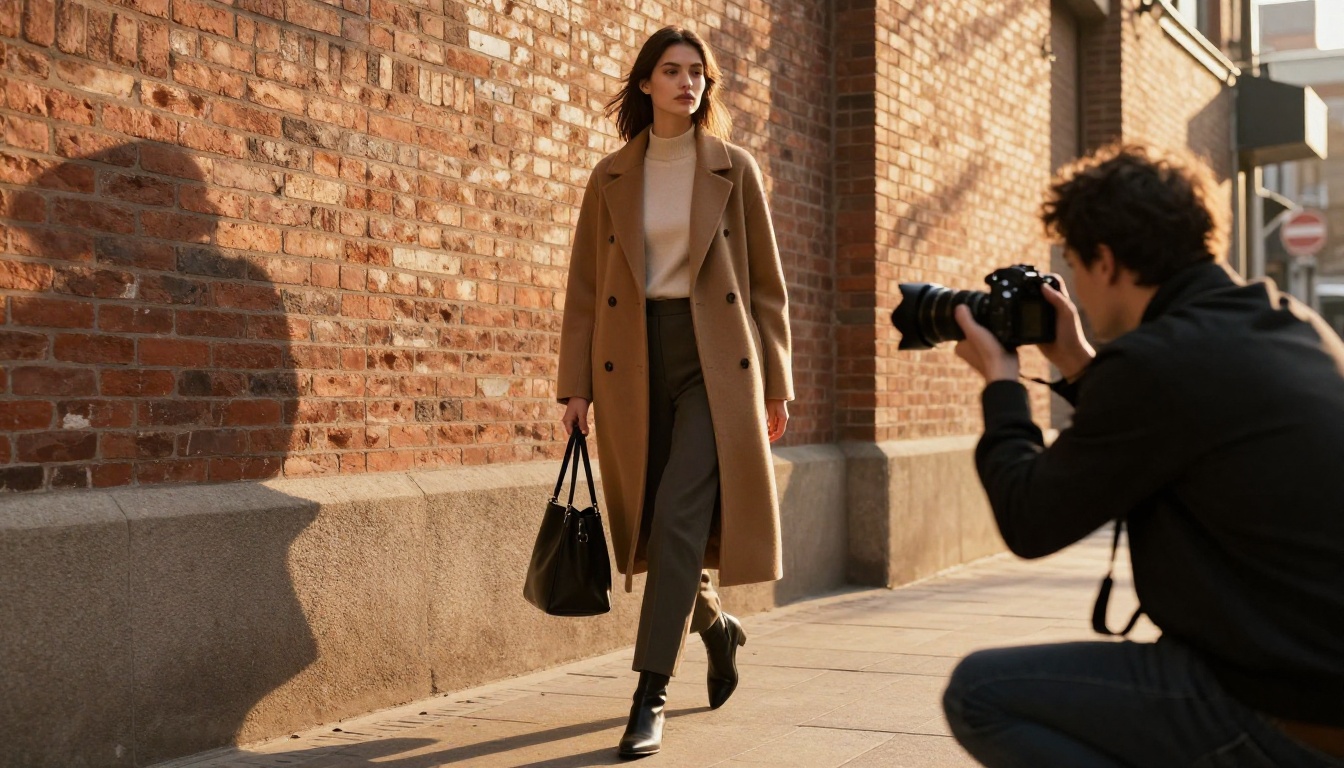 Model in a camel coat walking down a brick alley at golden hour