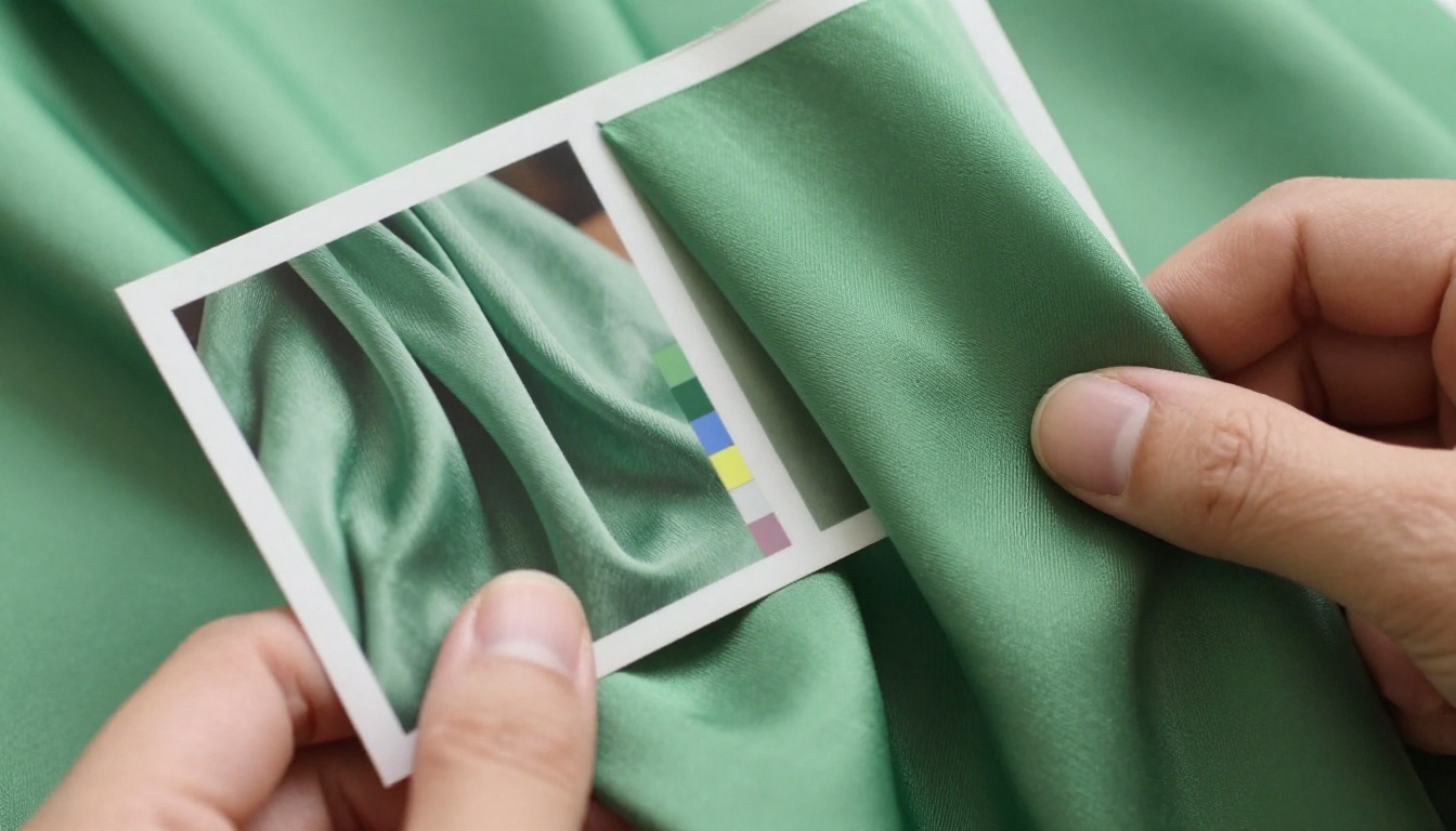 Hands comparing two shades of green silk against a printed photo