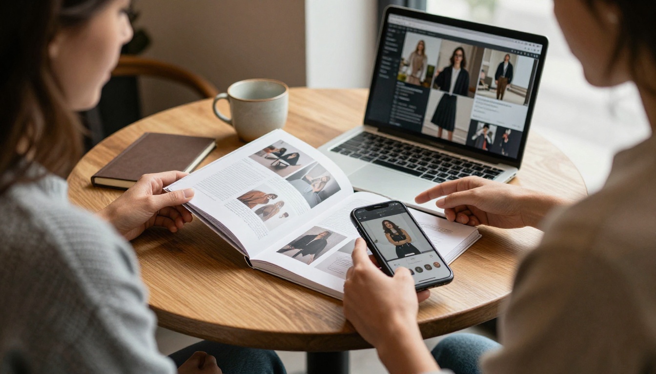 Boutique owner reviewing a lookbook on a phone and laptop at a cafe table