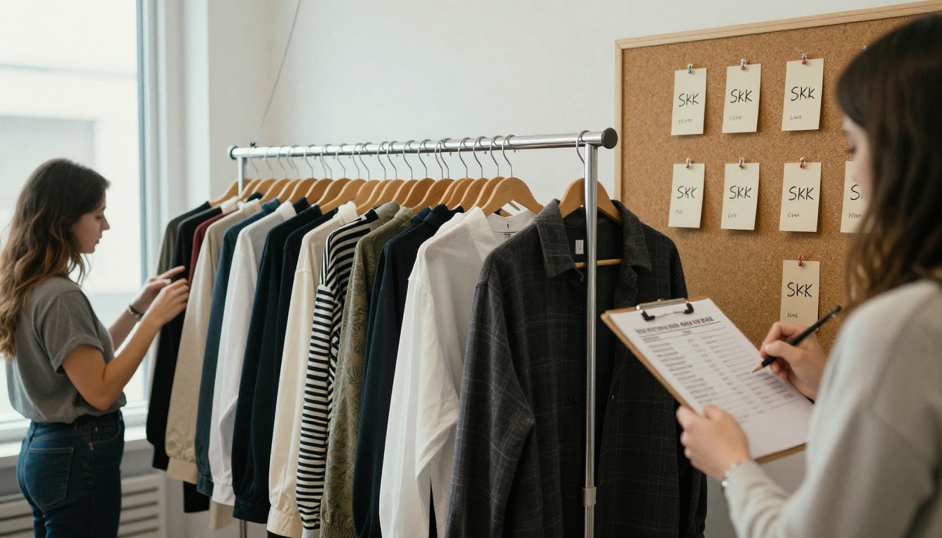 Clothing rack with labeled garments and SKU cards pinned to a corkboard