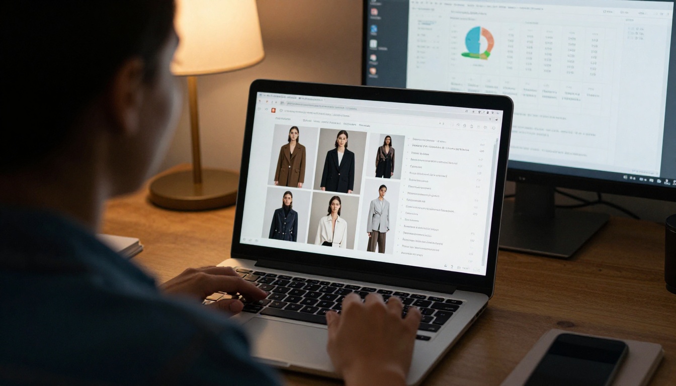 Founder viewing a page-turning digital lookbook with analytics on a second monitor