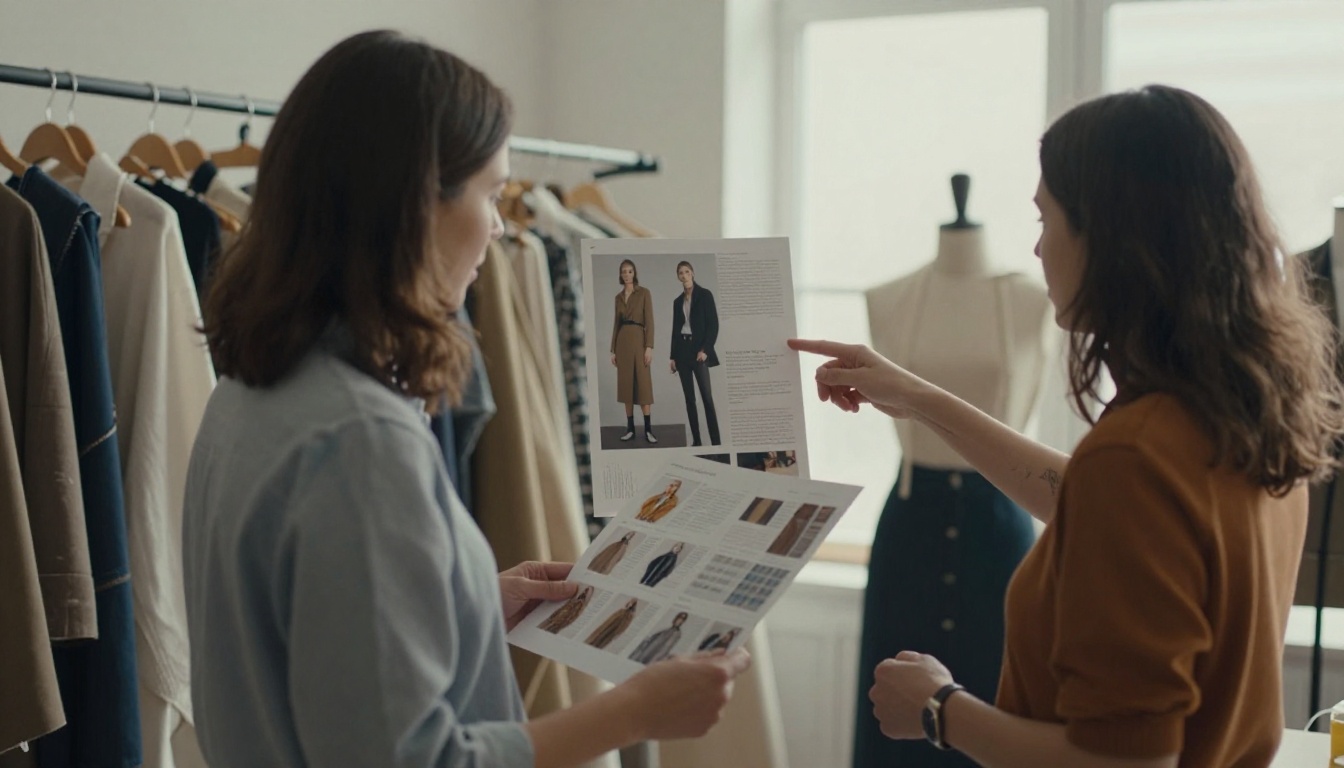 Two designers reviewing a printed lookbook page together in a bright atelier