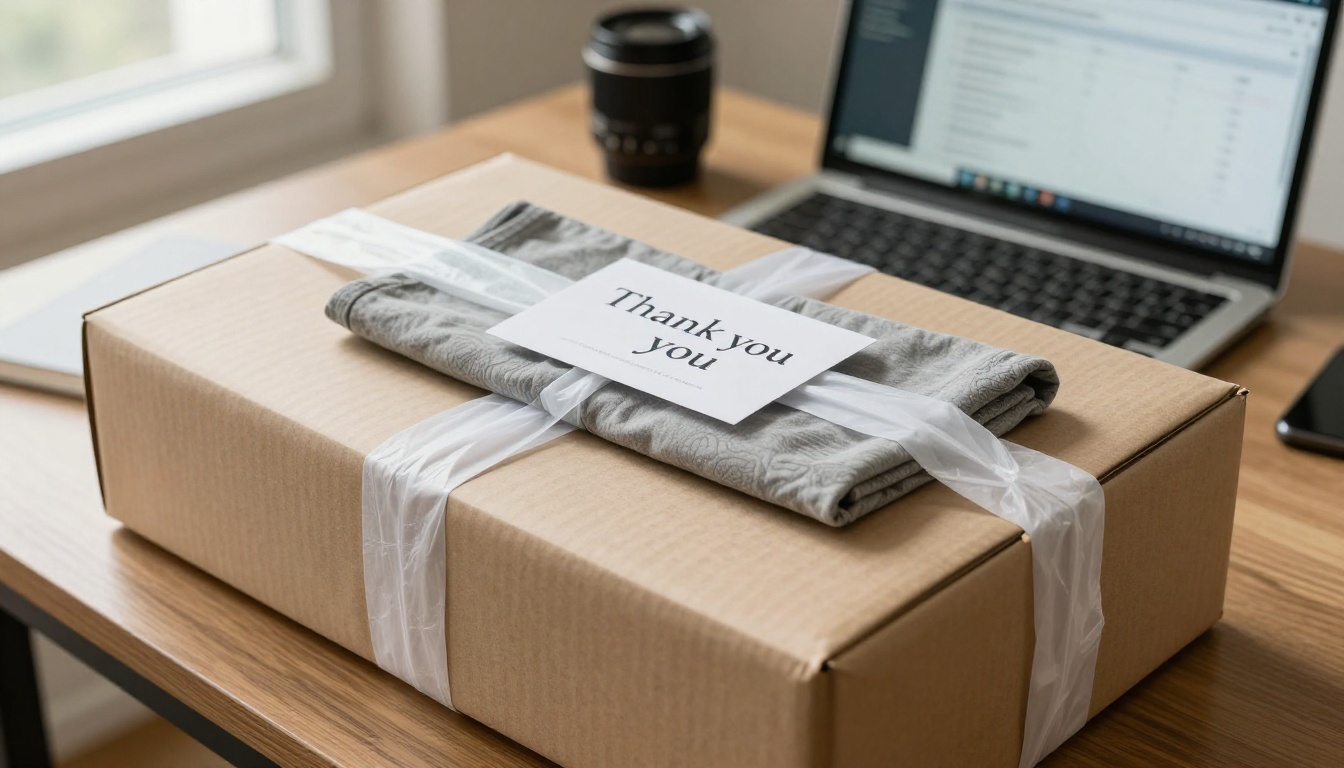 Neatly packed parcel with tissue paper and a thank you card on a shipping table