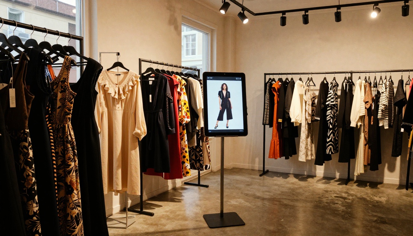 Small fashion pop-up showroom with a tablet displaying a digital lookbook
