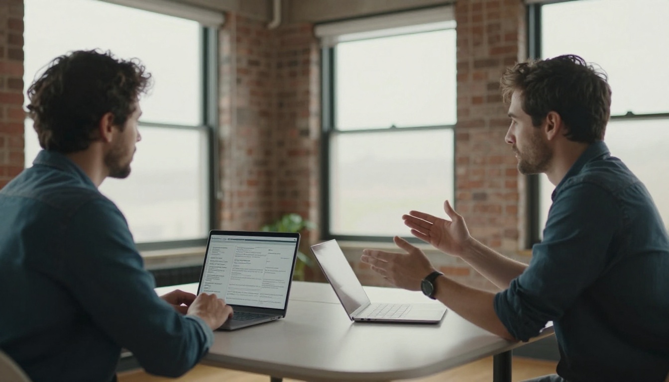 Two colleagues discussing a signup form layout Two colleagues discussing a signup form layout