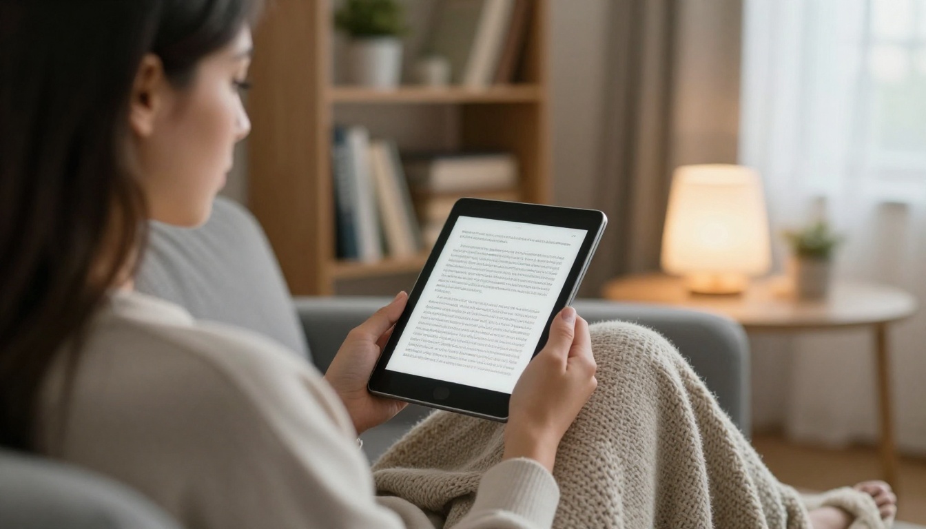 Woman reading a digital ebook on a tablet Woman reading a digital ebook on a tablet