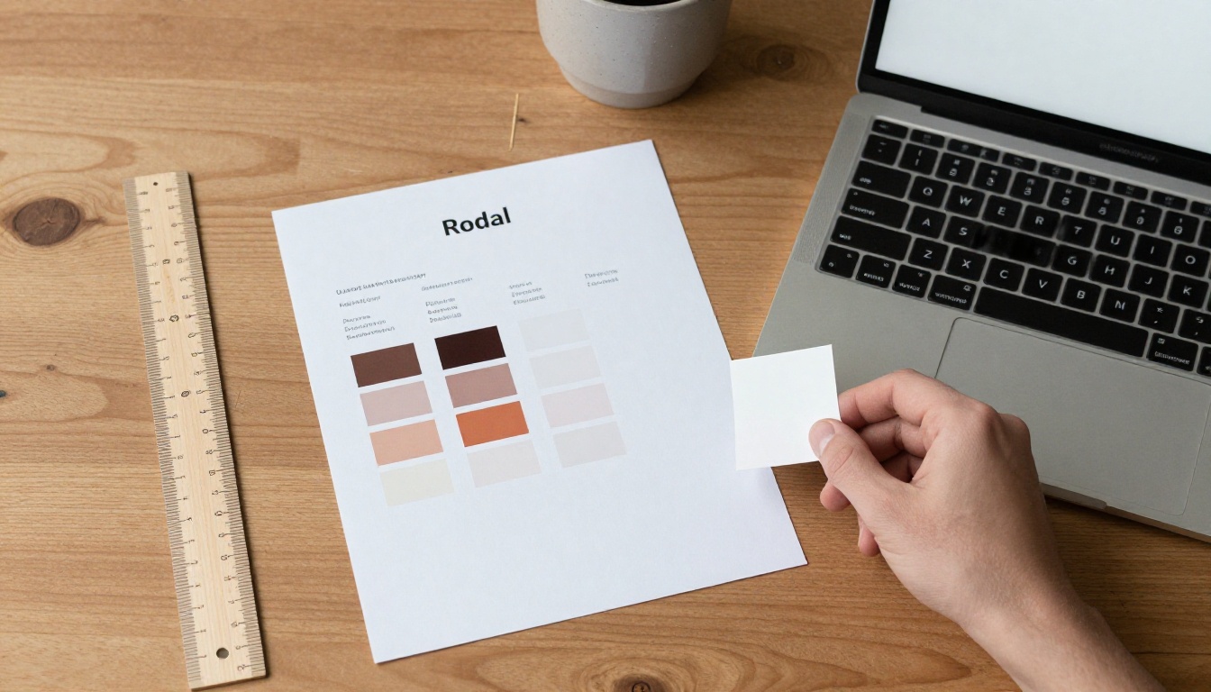 Aerial view of a desk with logo usage page and color swatch cards