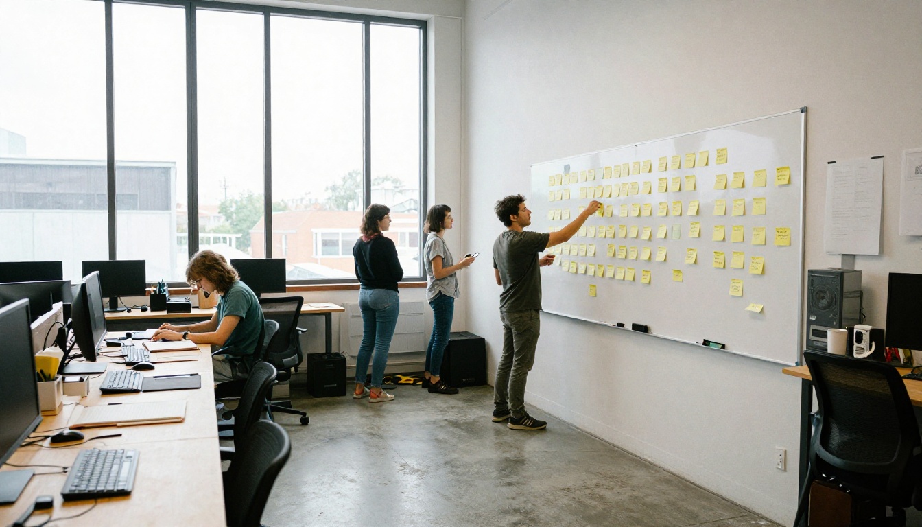 Team arranging test ideas on a whiteboard Team arranging test ideas on a whiteboard