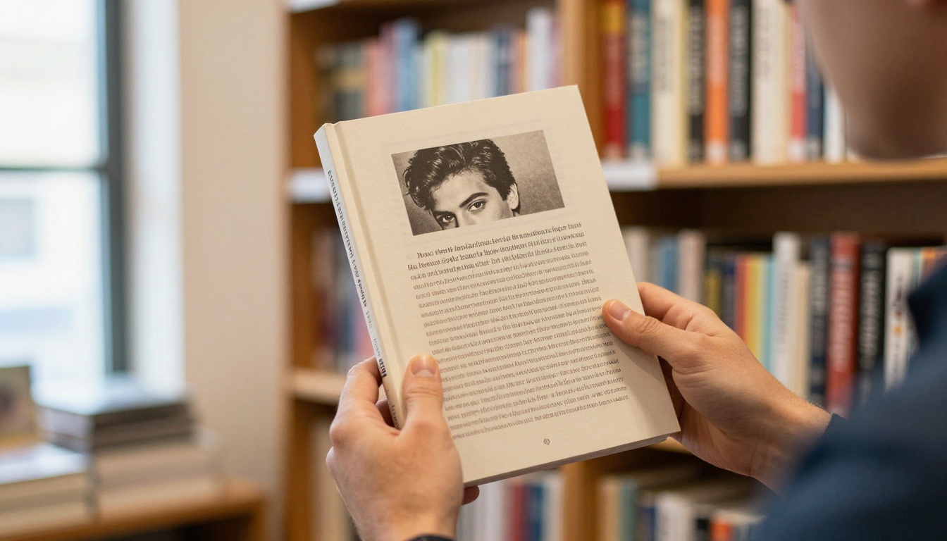 Author holding a printed book in a bookstore Author holding a printed book in a bookstore