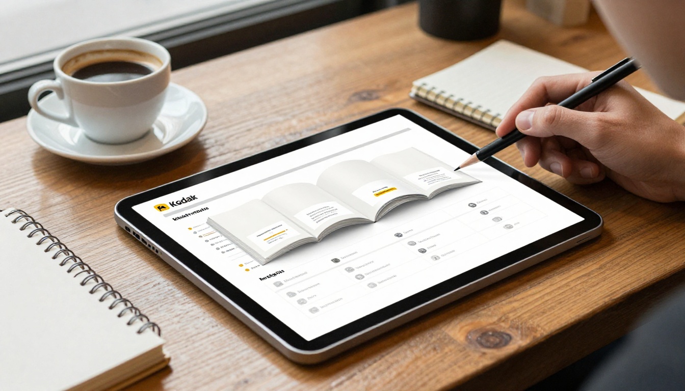 Freelancer swiping through a flipbook style brand rulebook on a tablet