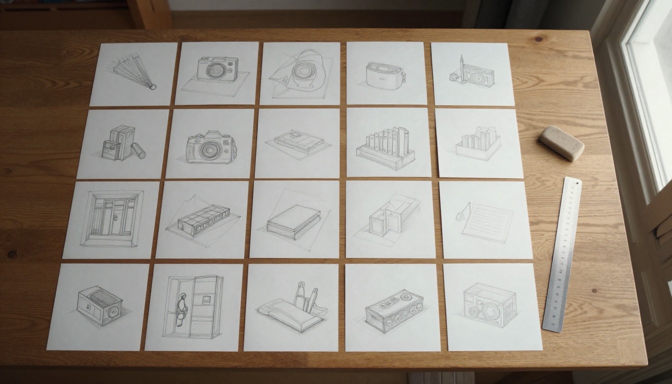 Picture book dummy laid out as thumbnail spreads on a wooden table Picture book dummy laid out as thumbnail spreads on a wooden table
