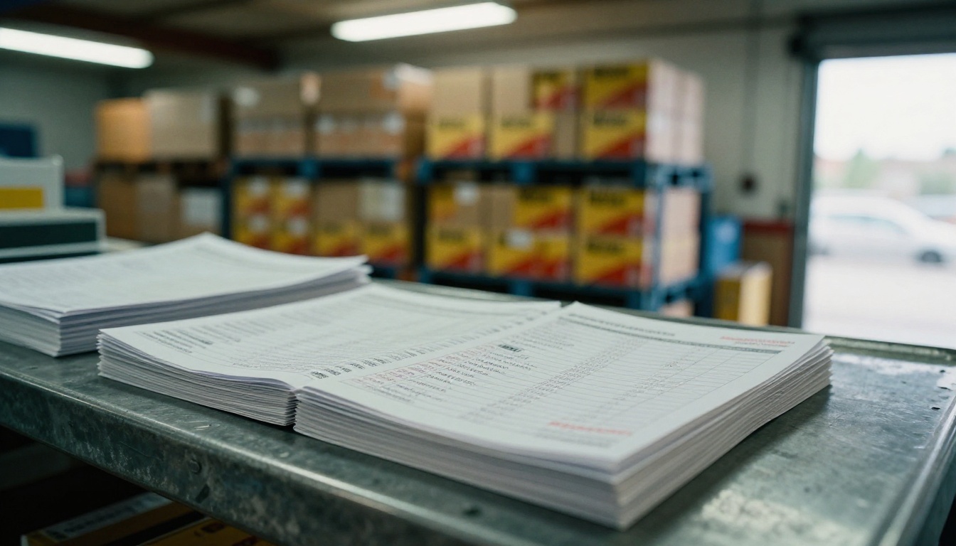 Printed price lists with handwritten corrections on a warehouse counter Printed price lists with handwritten corrections on a warehouse counter