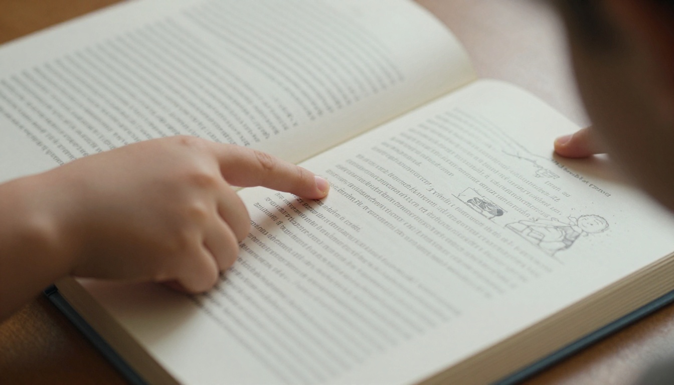Open picture book with dense paragraphs beside a tiny illustration Open picture book with dense paragraphs beside a tiny illustration