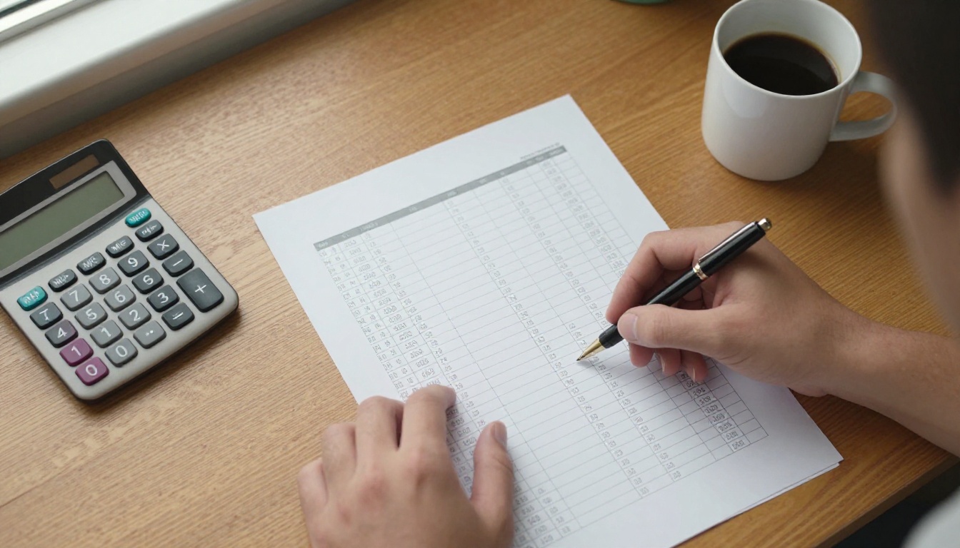 Distributor owner reviewing a margin report with a pen and calculator Distributor owner reviewing a margin report with a pen and calculator