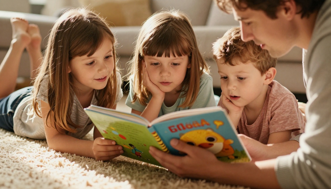 Parent reading aloud to two children on a rug Parent reading aloud to two children on a rug